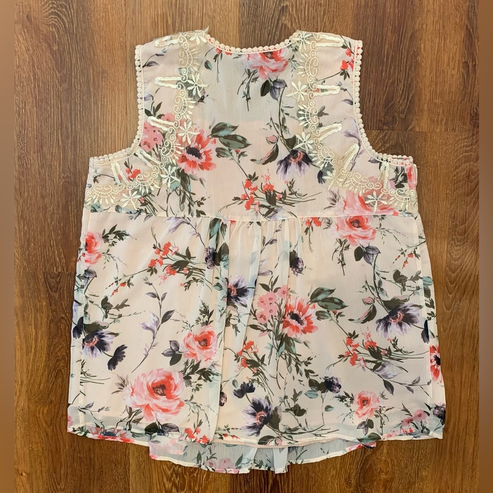 Roamans 16W Pink Angel Chiffon Blouse EUC Floral Sleeveless Lace Embroidered - Picture 4 of 13